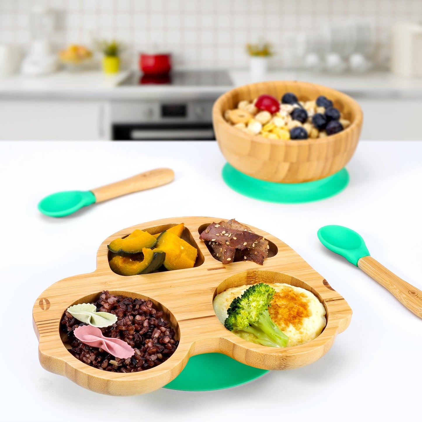 Bamboo Car Plate Bowl & Spoon Set Suction Bowl Stay-Put Design for Kids - GREEN