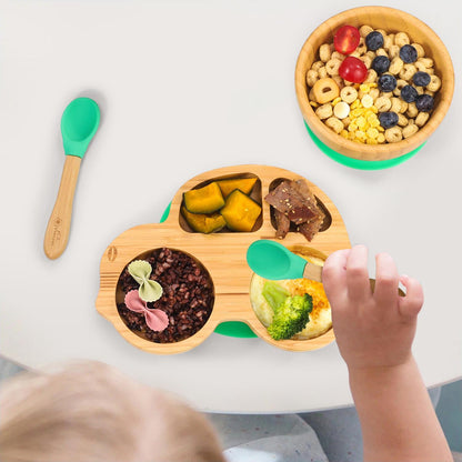 Bamboo Car Plate Bowl & Spoon Set Suction Bowl Stay-Put Design for Kids - GREEN