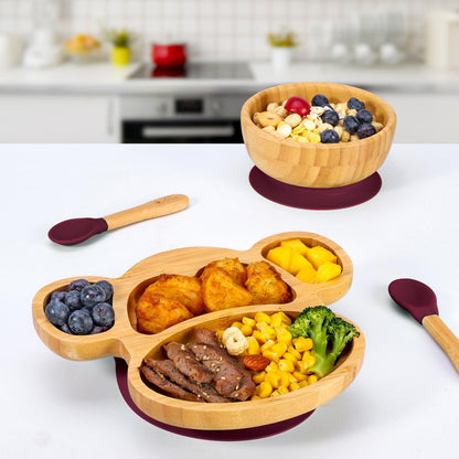 Bamboo Monkey Plate Bowl & Spoon Set Suction Bowls Stay-Put Design - RED