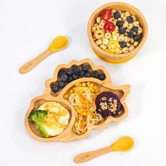 Bamboo Dinosaur Plate Bowl & Spoon Set Suction Bowl Stay-Put Design - YELLOW