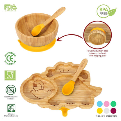 Bamboo Dinosaur Plate Bowl & Spoon Set Suction Bowl Stay-Put Design - YELLOW