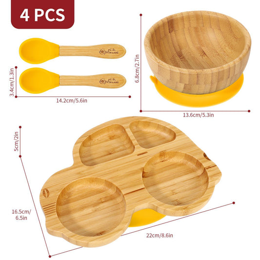 Bamboo Car Plate Bowl & Spoon Set Suction Bowl Stay-Put Design for Kids - YELLOW