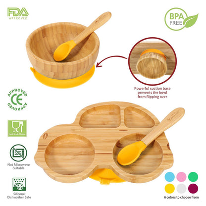 Bamboo Car Plate Bowl & Spoon Set Suction Bowl Stay-Put Design for Kids - YELLOW