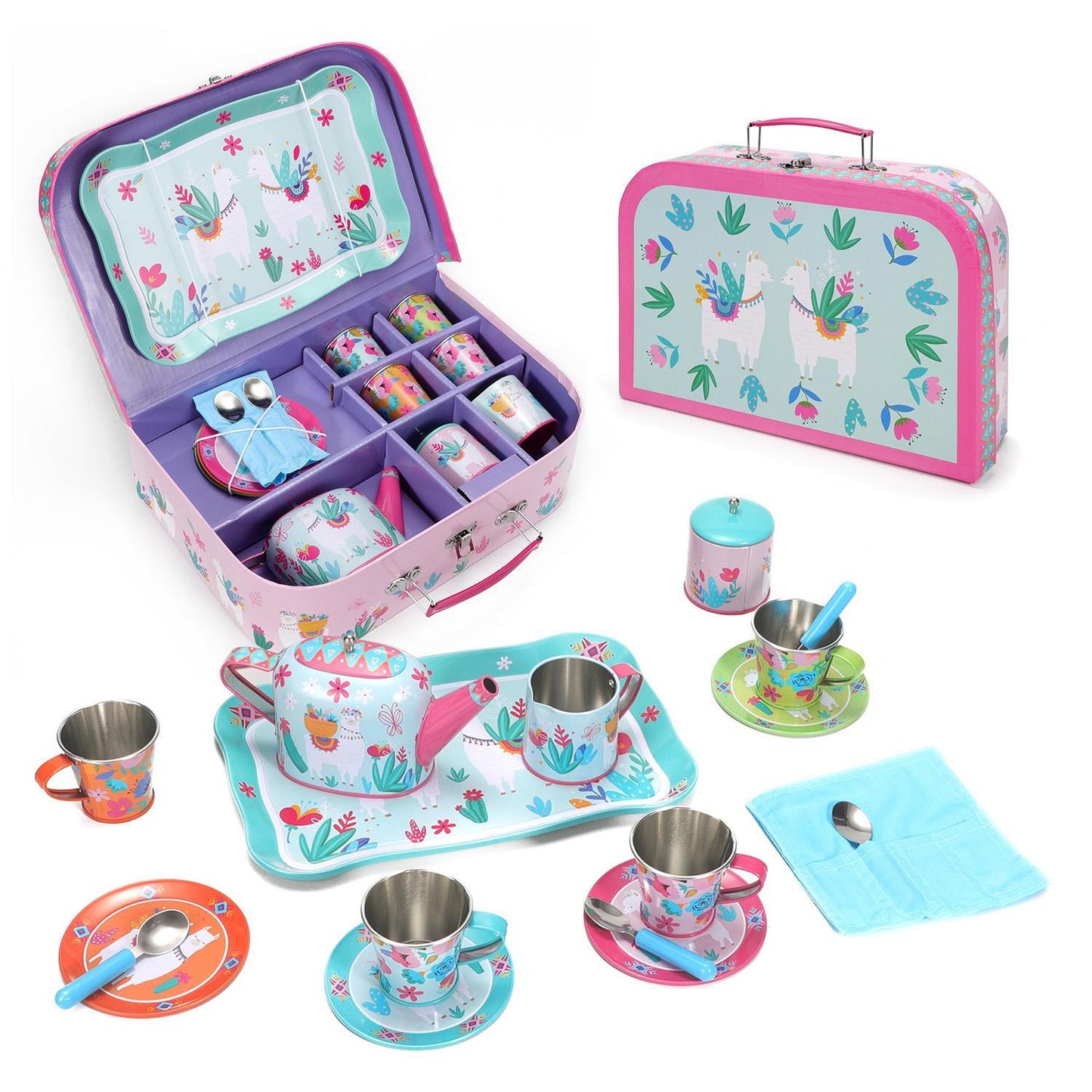 SOKA 18 Pcs Llama Metal Tin Kids Teapot Tea Party Set Carry Case Toy Pretend Role Play ?3 years and up