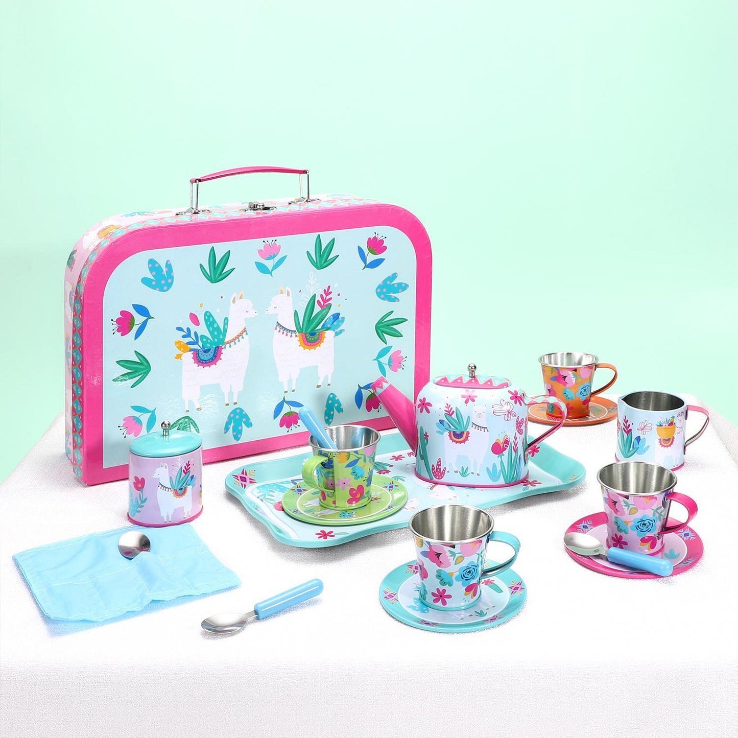 SOKA 18 Pcs Llama Metal Tin Kids Teapot Tea Party Set Carry Case Toy Pretend Role Play ?3 years and up