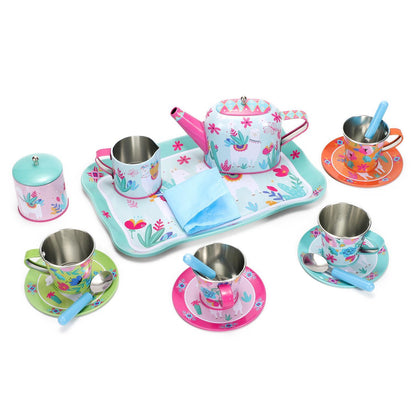 SOKA 18 Pcs Llama Metal Tin Kids Teapot Tea Party Set Carry Case Toy Pretend Role Play ?3 years and up