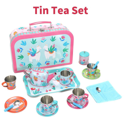 SOKA 18 Pcs Llama Metal Tin Kids Teapot Tea Party Set Carry Case Toy Pretend Role Play ?3 years and up