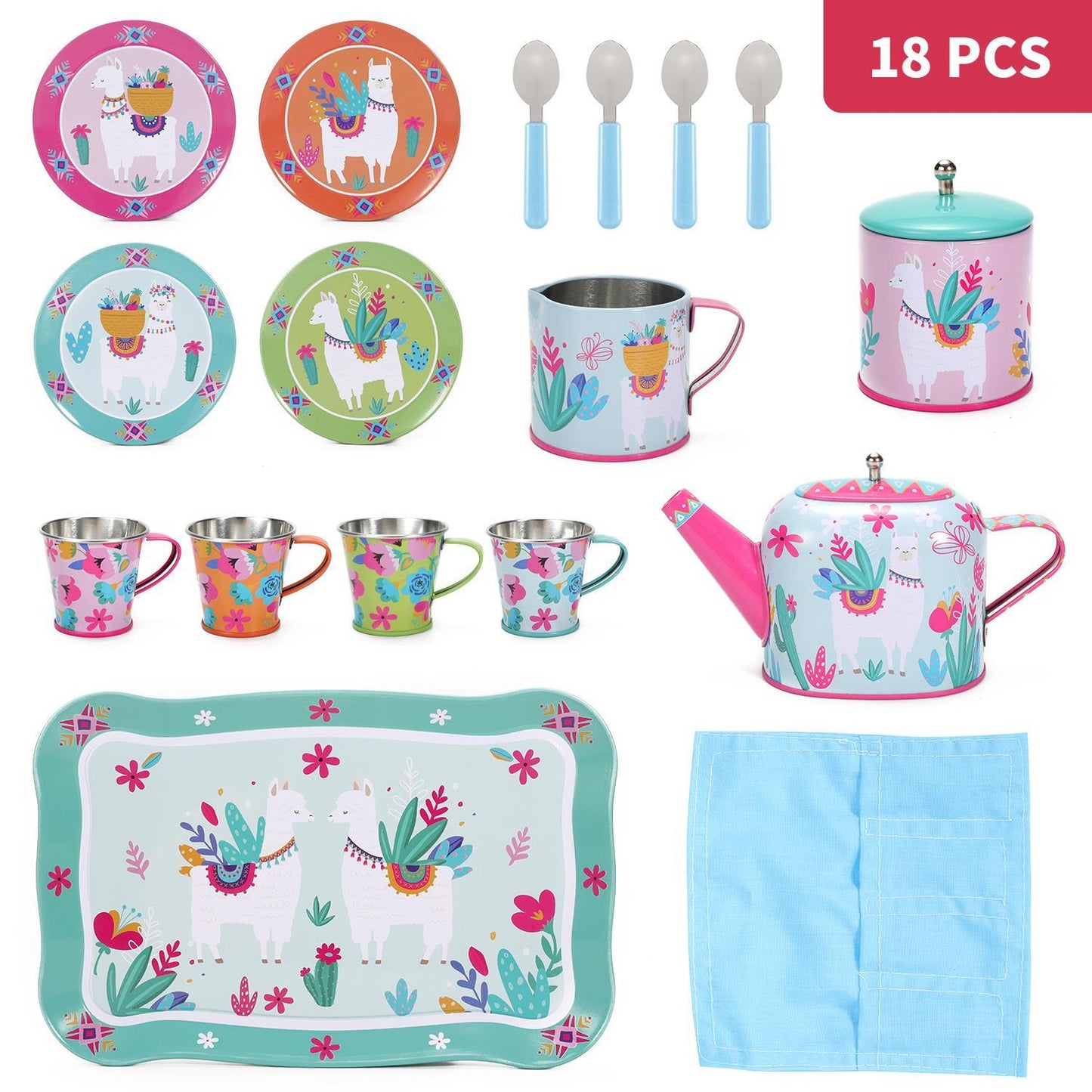 SOKA 18 Pcs Llama Metal Tin Kids Teapot Tea Party Set Carry Case Toy Pretend Role Play ?3 years and up