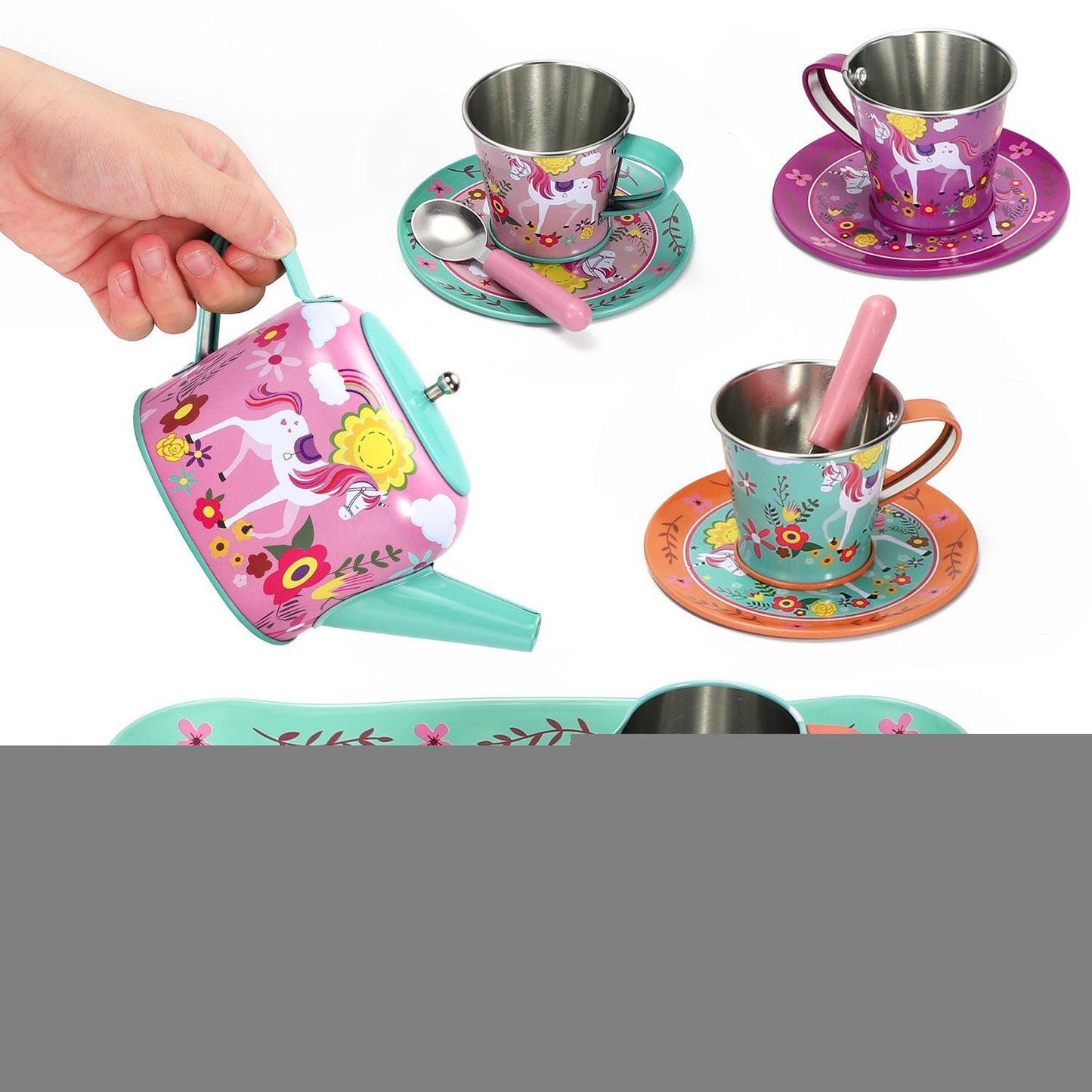 SOKA 18 Pcs Unicorn Metal Tin Kids Teapot Tea Party Set Carry Case Toy Pretend Role Play