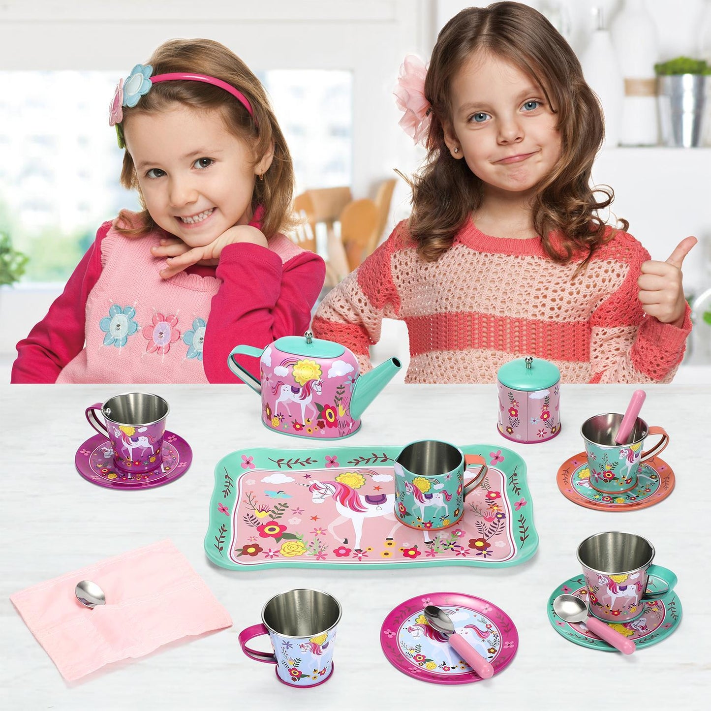 SOKA 18 Pcs Unicorn Metal Tin Kids Teapot Tea Party Set Carry Case Toy Pretend Role Play