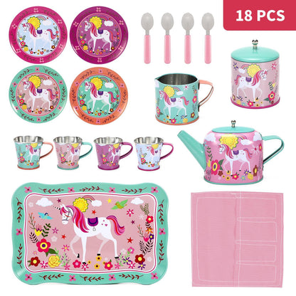 SOKA 18 Pcs Unicorn Metal Tin Kids Teapot Tea Party Set Carry Case Toy Pretend Role Play