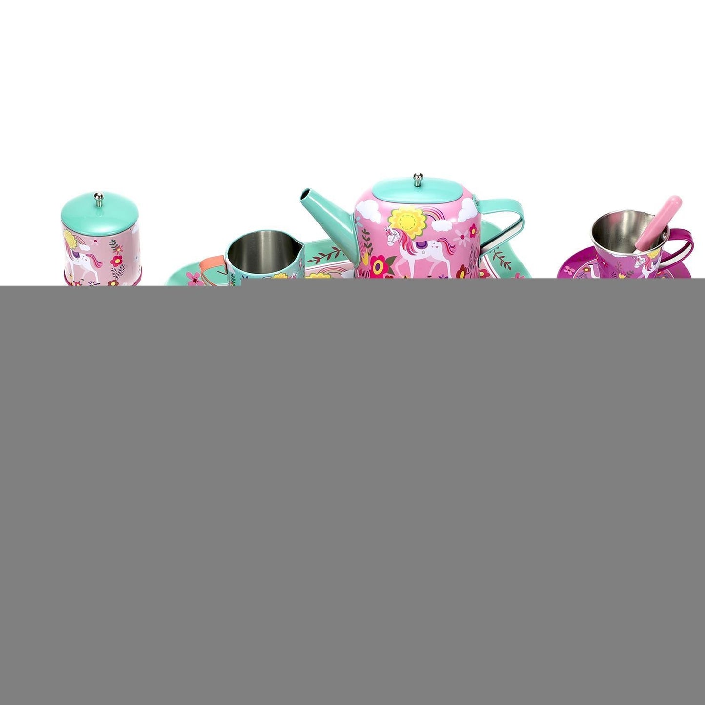 SOKA 18 Pcs Unicorn Metal Tin Kids Teapot Tea Party Set Carry Case Toy Pretend Role Play