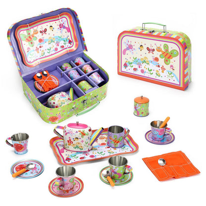 SOKA 18 Pcs Bugs Metal Tin Kids Teapot Tea Party Set Carry Case Toy Pretend Role Play