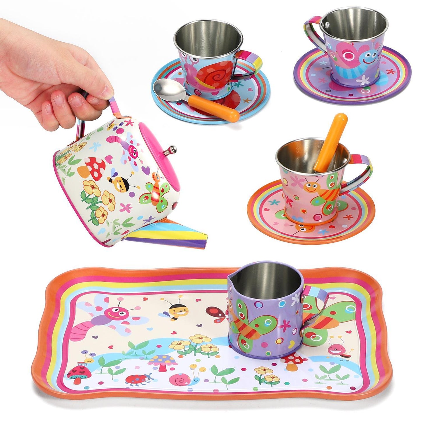 SOKA 18 Pcs Bugs Metal Tin Kids Teapot Tea Party Set Carry Case Toy Pretend Role Play