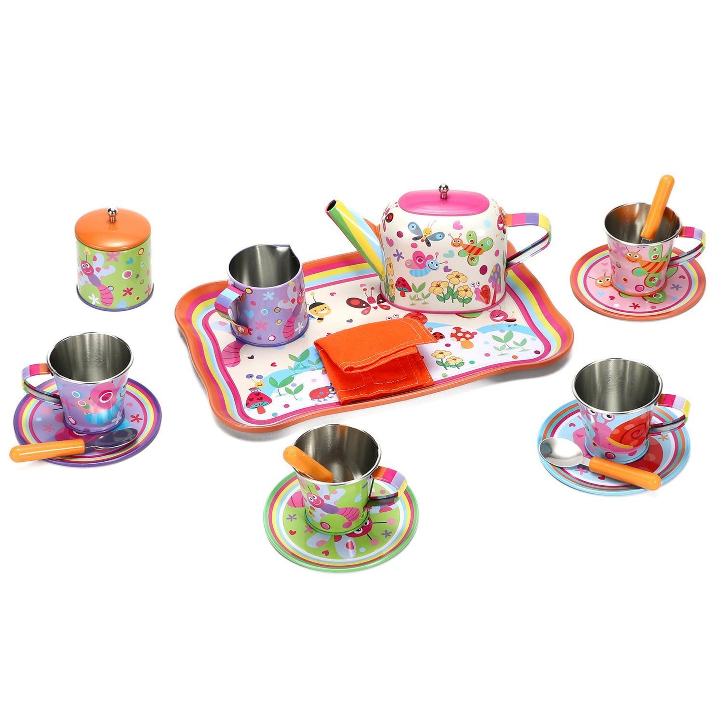 SOKA 18 Pcs Bugs Metal Tin Kids Teapot Tea Party Set Carry Case Toy Pretend Role Play