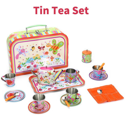 SOKA 18 Pcs Bugs Metal Tin Kids Teapot Tea Party Set Carry Case Toy Pretend Role Play