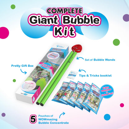 WOWmazing Giant Bubbles Kit Plus § Wand + 5 Packets Bubble Concentrate + Booklet