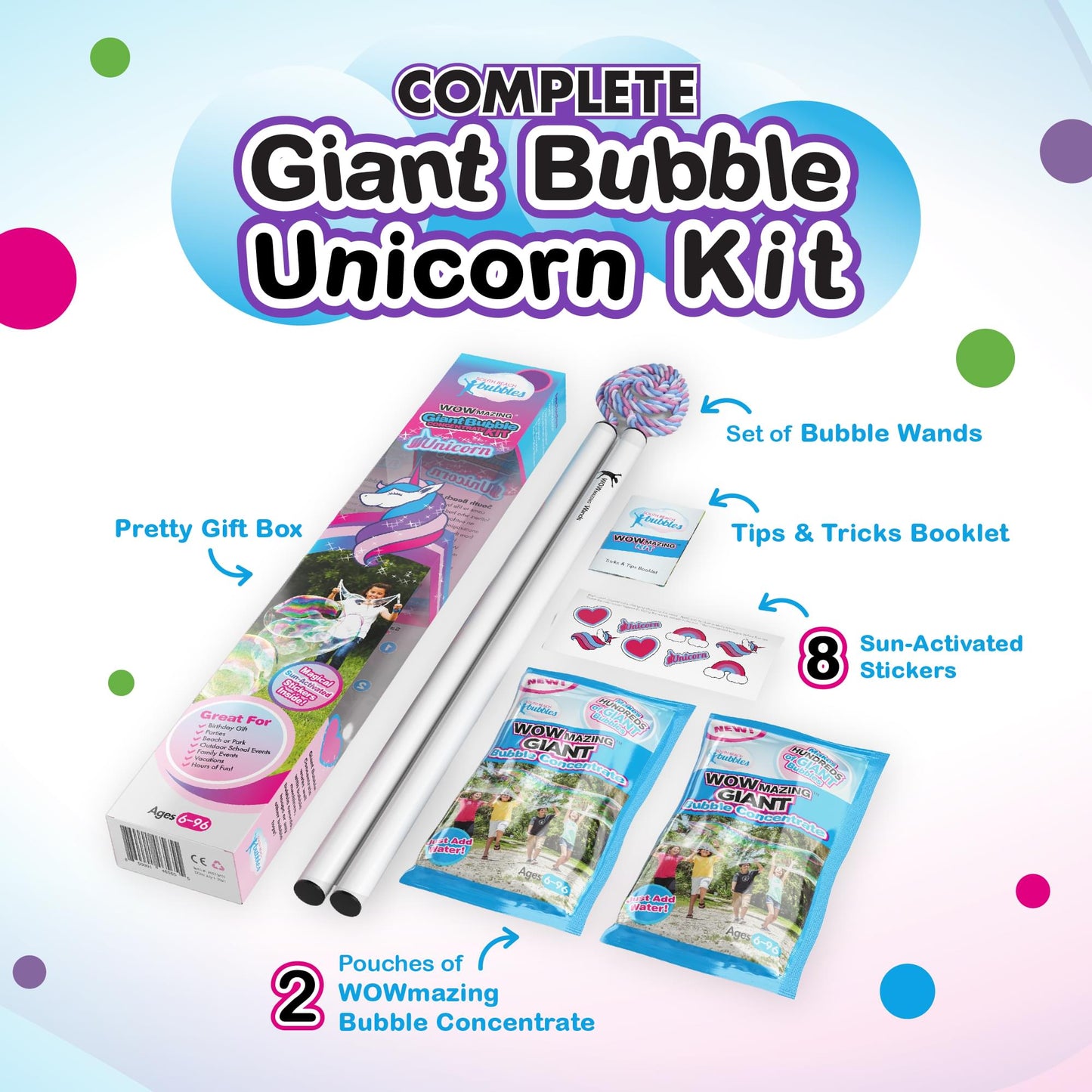 WOWmazing Unicorn Giant Bubble Kit § Wand + 2 Packets Bubble Concentrate + 8 Stickers