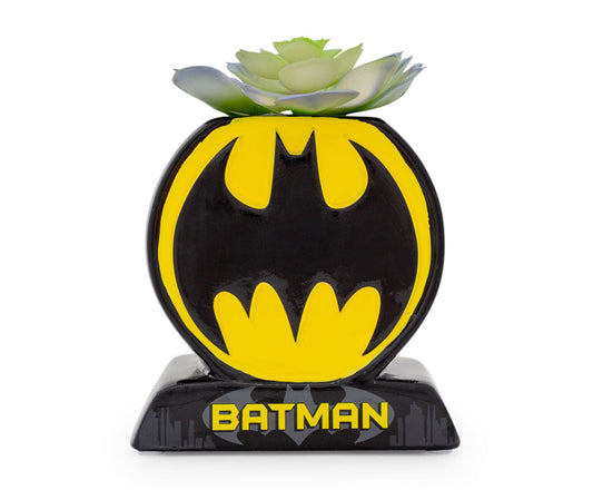 Batman Bat Logo 9-Inch Ceramic Planter With Artificial Succulent