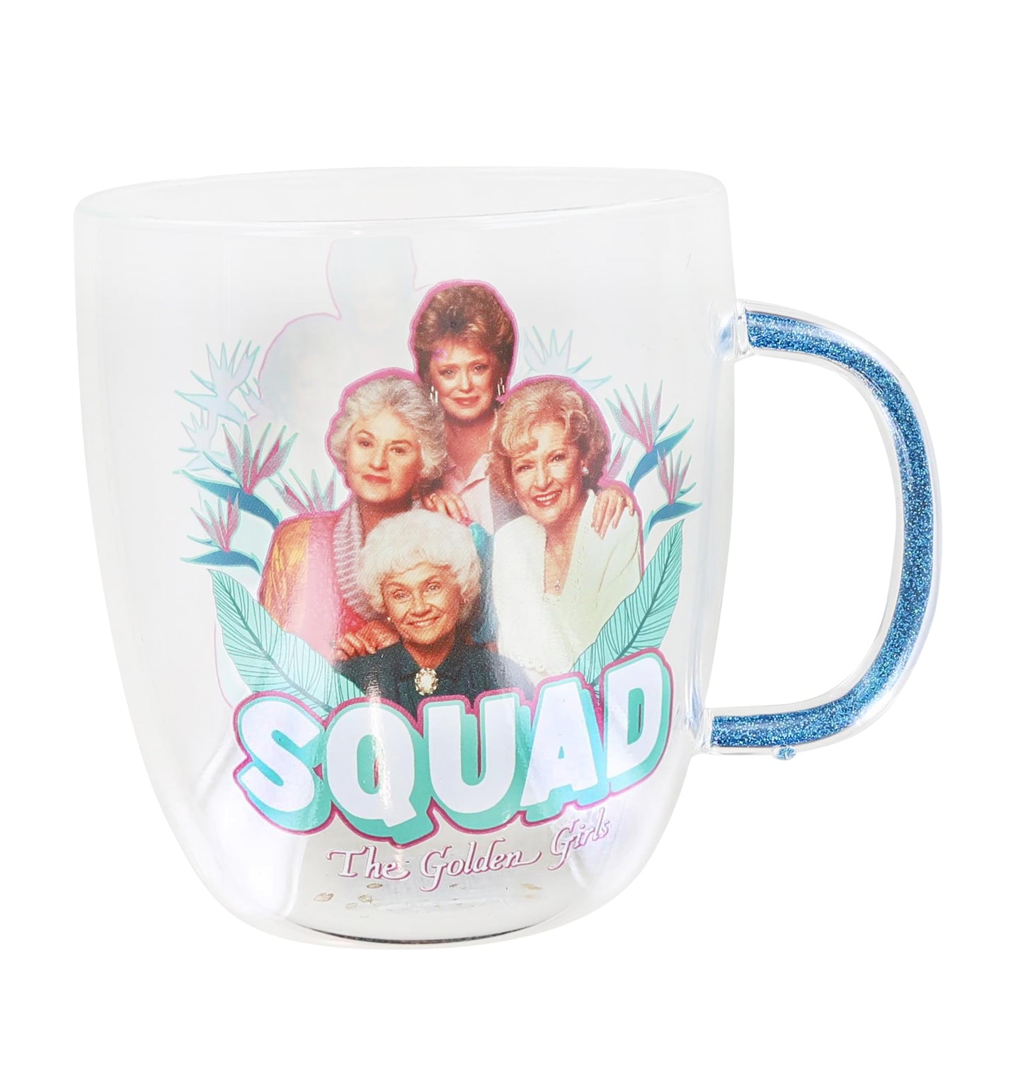 The Golden Girls "Squad" Glitter Handle Glass Mug § Holds 14 Ounces