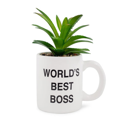 The Office "World's Best Boss" 3-Inch Ceramic Mini Planter With Artificial Succulent