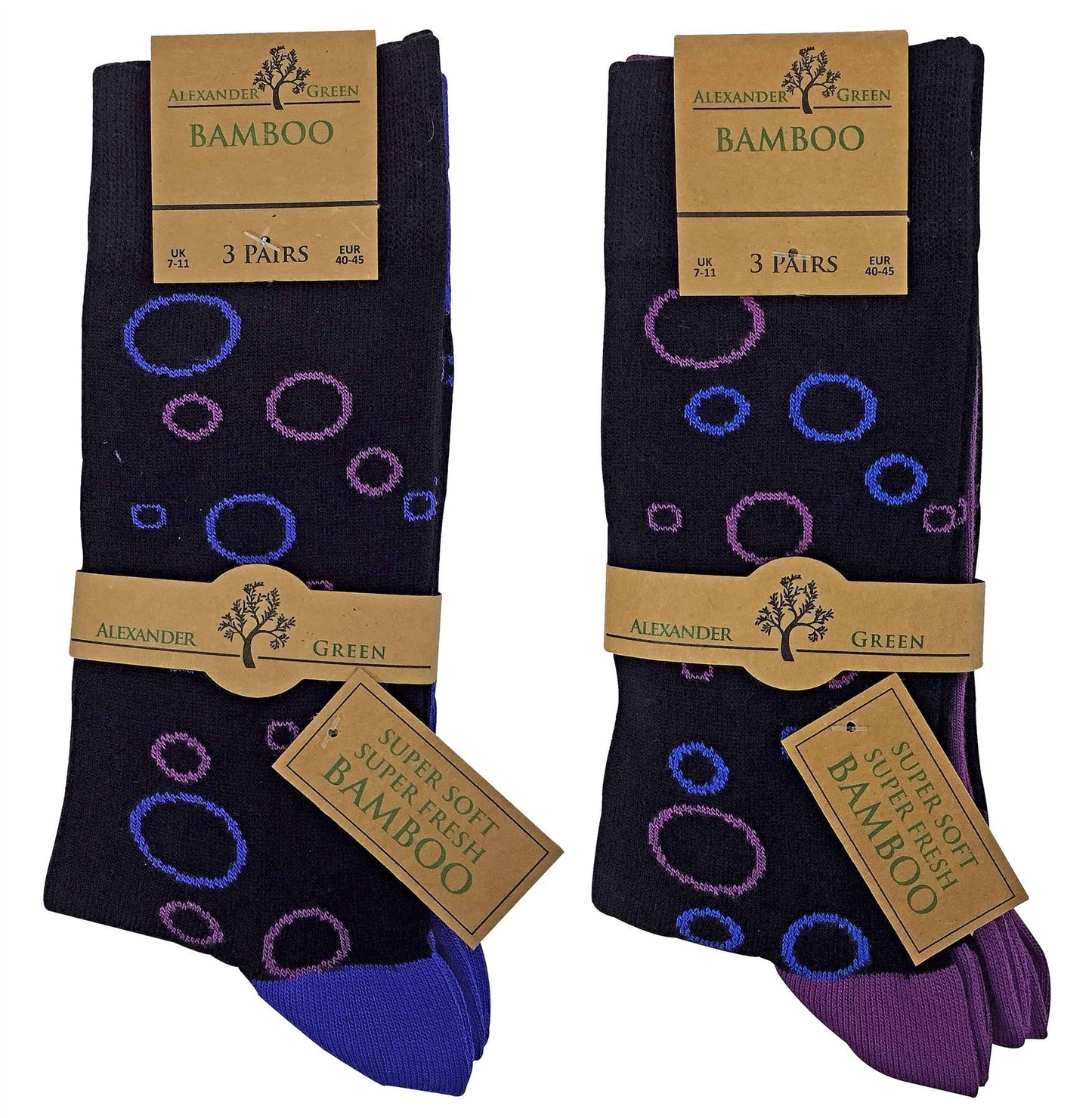 6 Pairs Funky Bamboo Socks (Circles Blue / Purple)