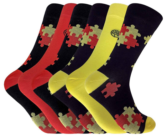 6 Pairs Funky Bamboo Socks (Jigsaw Red / Yellow)