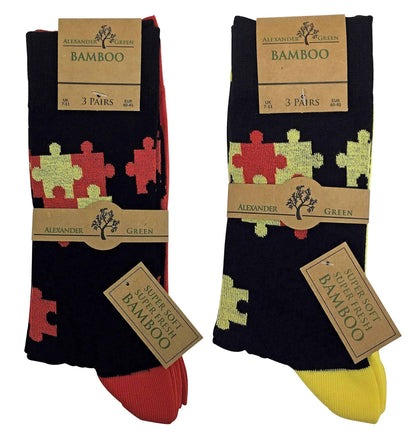 6 Pairs Funky Bamboo Socks (Jigsaw Red / Yellow)