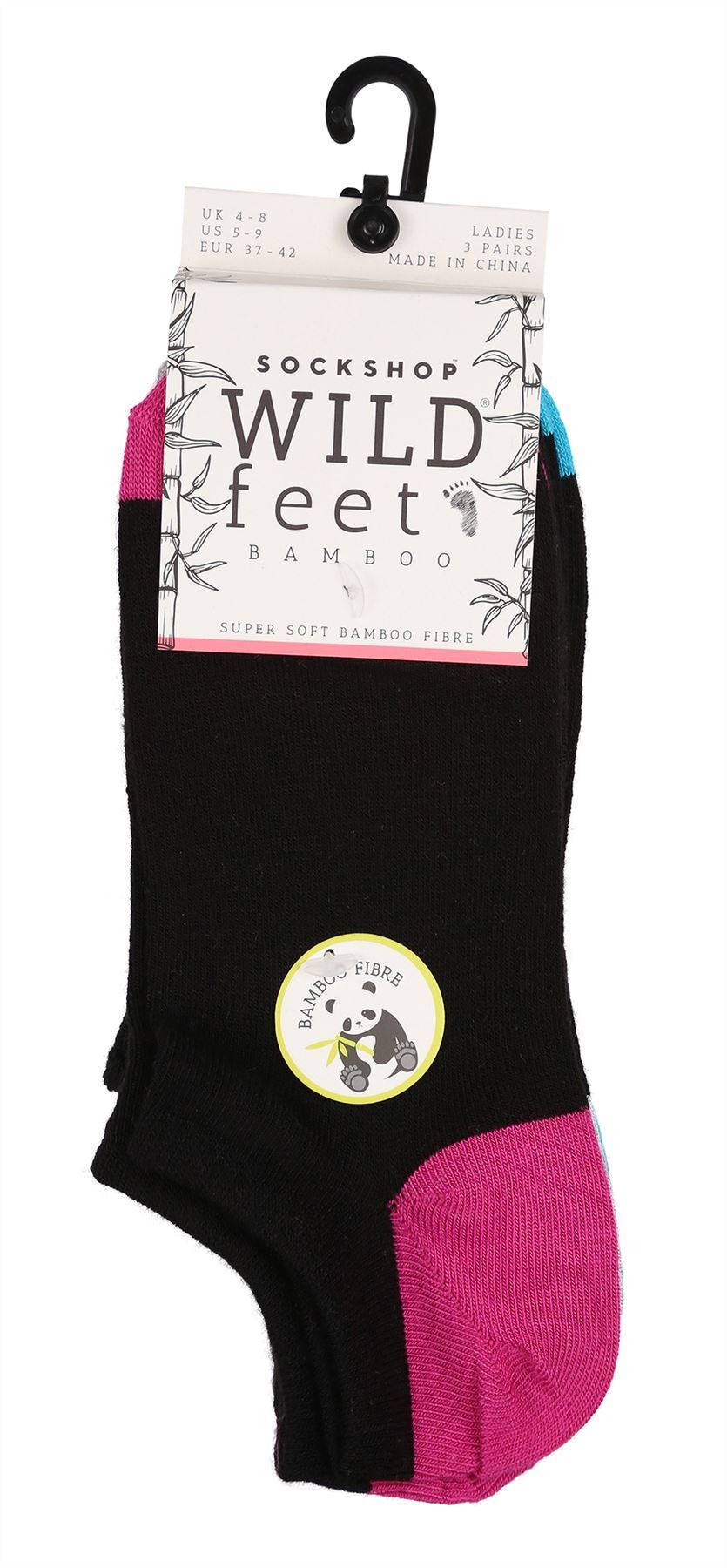 Wildfeet - Ladies 3pk Trainer Socks (4-8 / Black / Pink H&T)