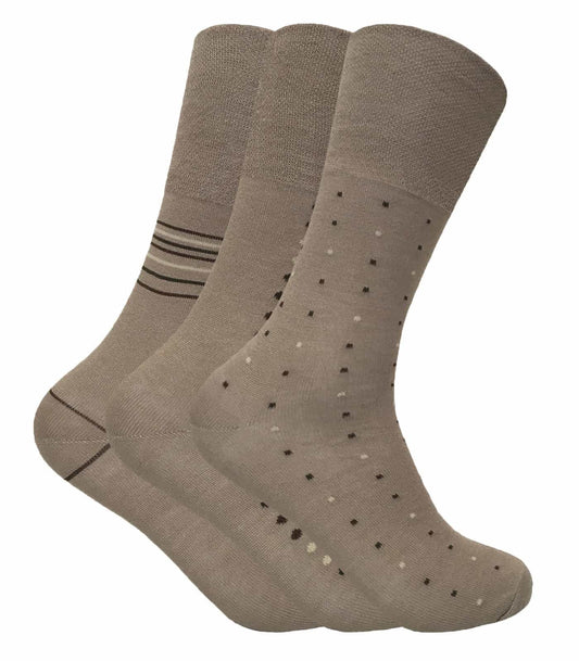 3 Pairs Mens Non Elastic patterned Bamboo Socks (Beige)