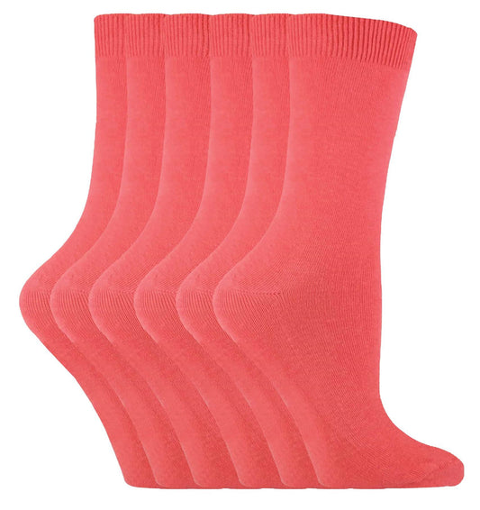 6 Pairs Ladies Plain Coloured Cotton Socks (PL30 Coral)