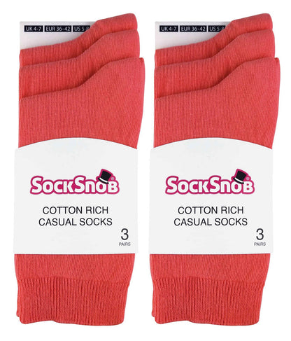 6 Pairs Ladies Plain Coloured Cotton Socks (PL30 Coral)