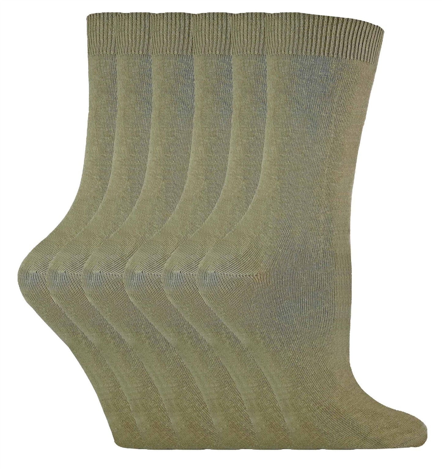 6 Pairs Ladies Plain Coloured Cotton Socks (PL30 Khaki)