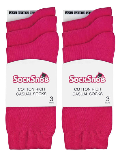 6 Pairs Ladies Plain Coloured Cotton Socks (PL30 Deep Fuchsia)