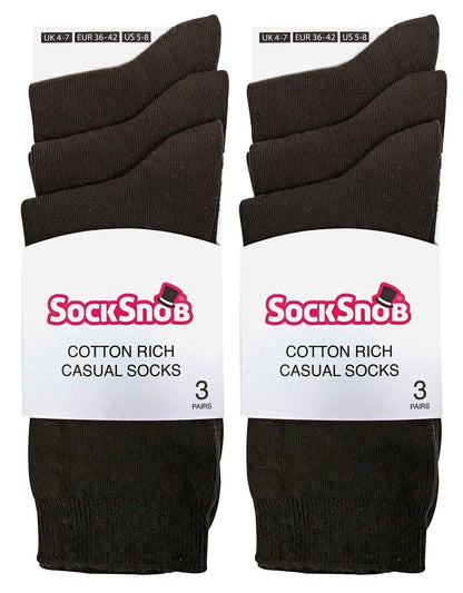 6 Pairs Ladies Plain Coloured Cotton Socks (PL30 Dark Brown)