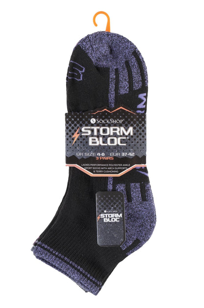 Storm Bloc - 3 Pairs Ladies Sport Ankle Socks (SBLS011BLK)