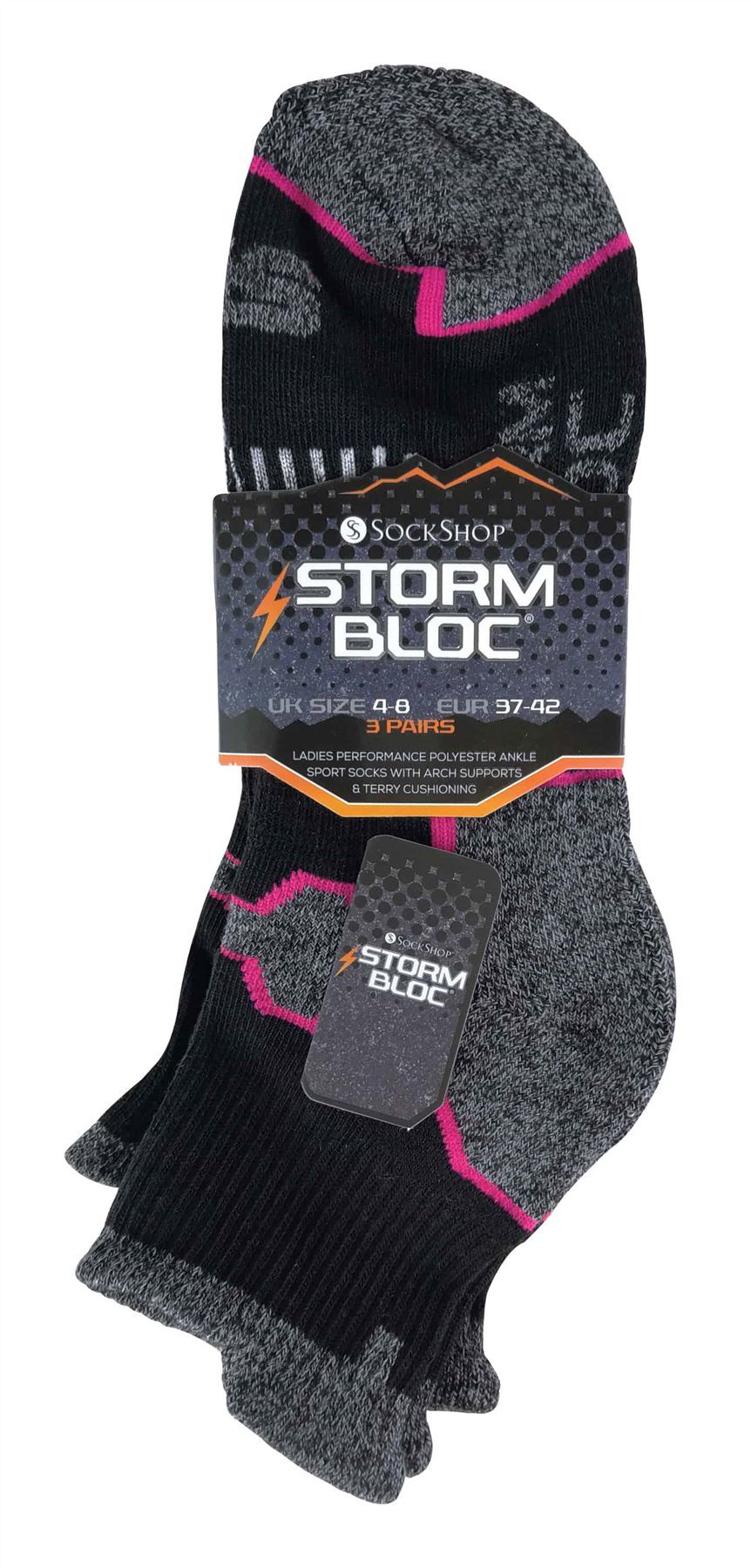 Storm Bloc - 3 Pairs Ladies Bright Sport Ankle Socks (SBLS016BLK)