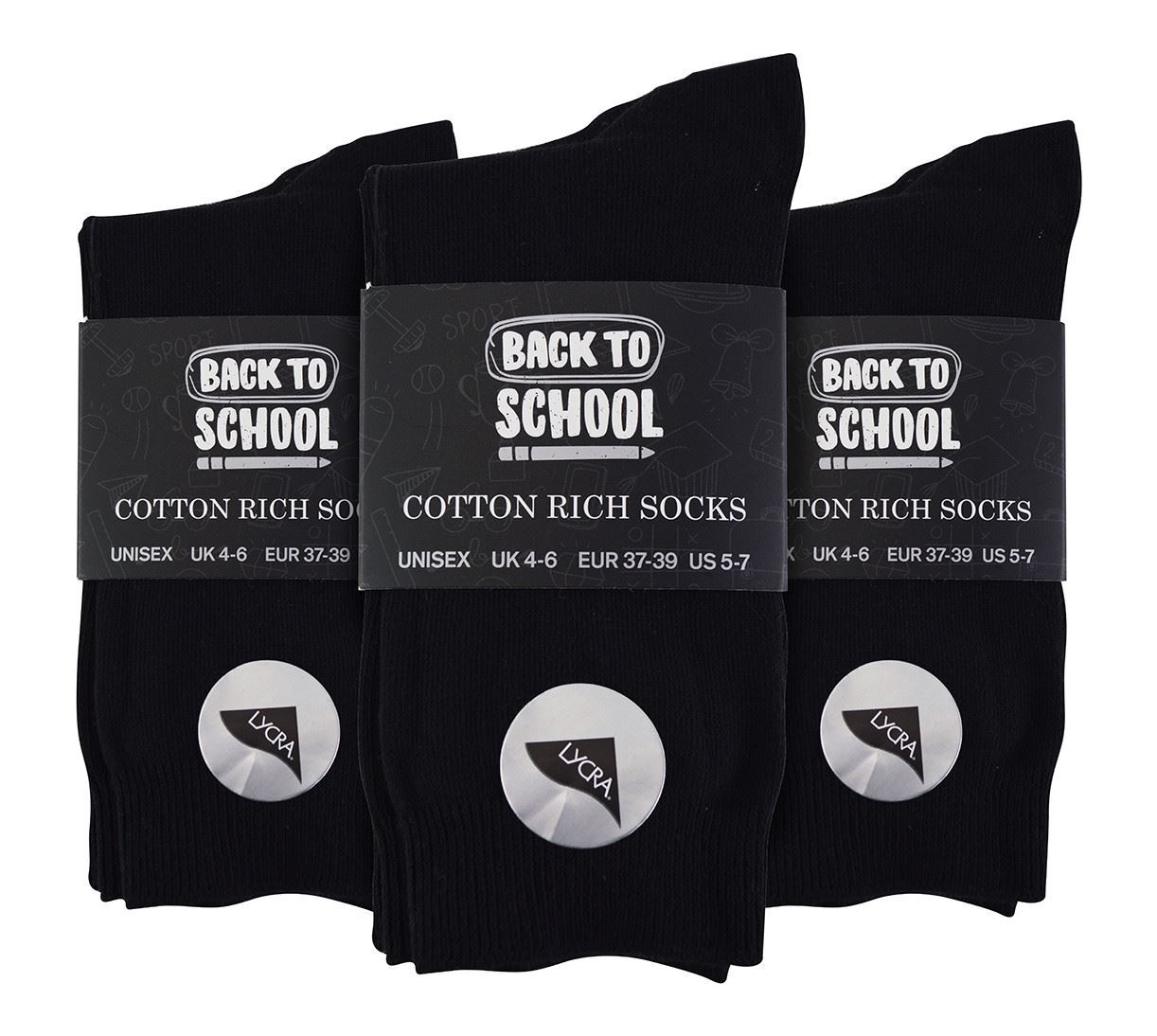 6 Pairs Children's School Socks (4-6 UK / Black)