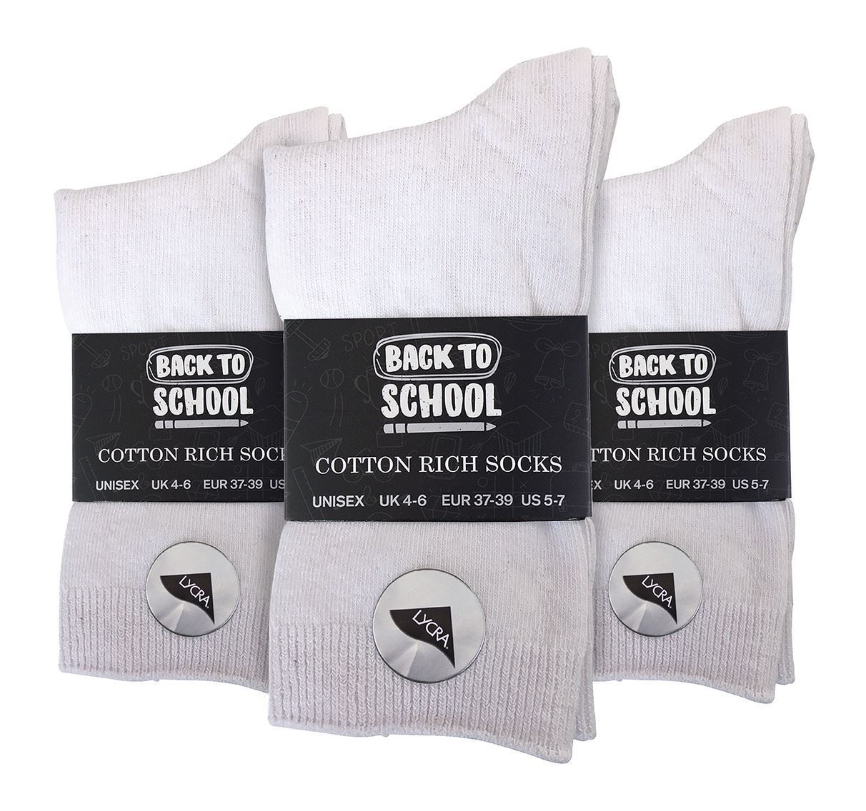 6 Pairs Children's School Socks (12-3 UK / White)