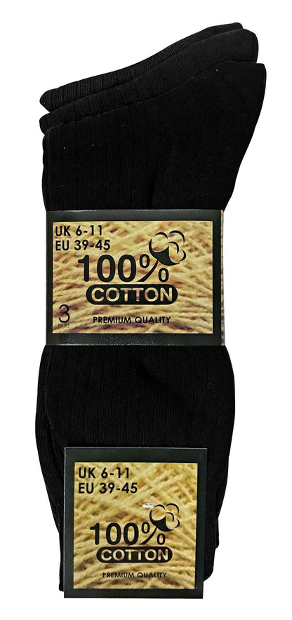 6 Pairs 100% Cotton Socks (11-14 UK / SE002 Black)