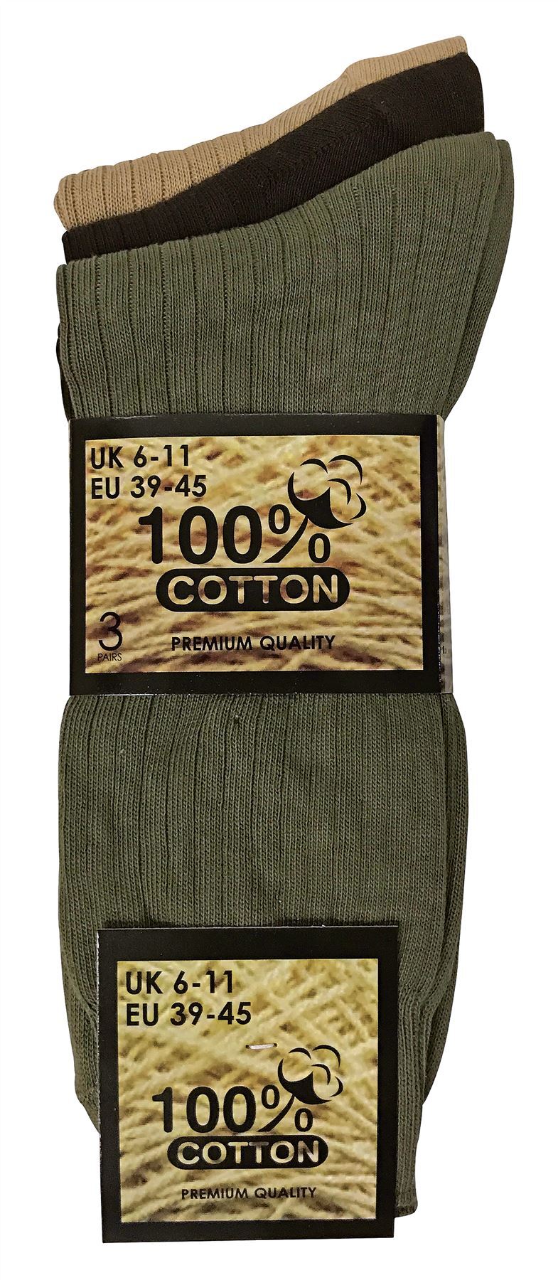 6 Pairs 100% Cotton Socks (6-11 UK / SE002 Brown)