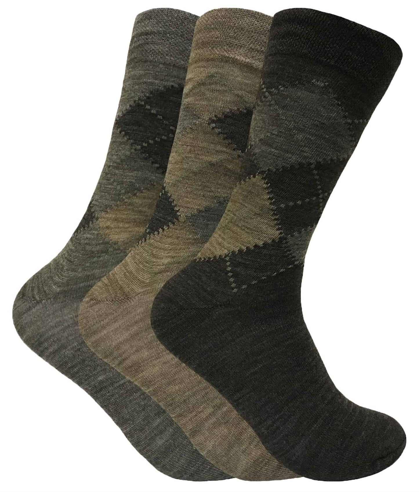 3 Pairs Mens Argyle Lambs Wool Socks (SED Brown)