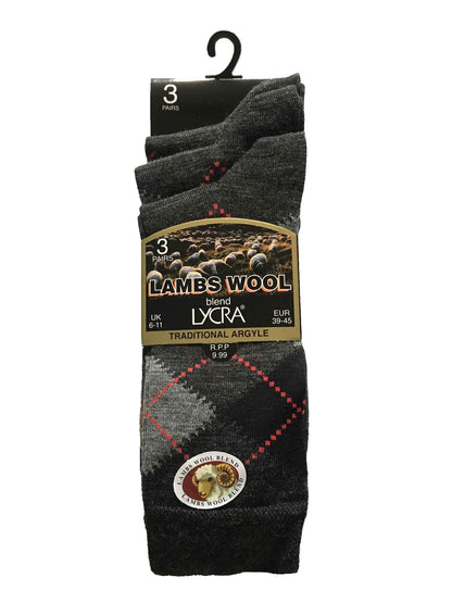 3 Pairs Mens Argyle Lambs Wool Socks (SED Brown)