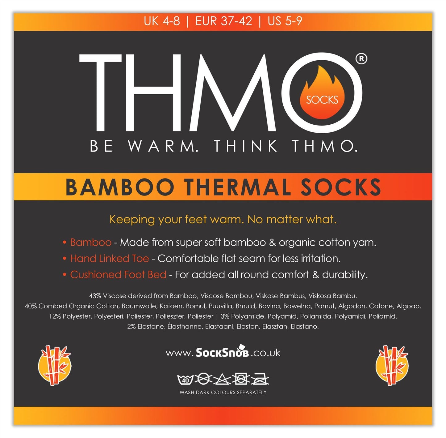 THMO 3 Pack Bamboo Thermal Socks (4-8 / Black)