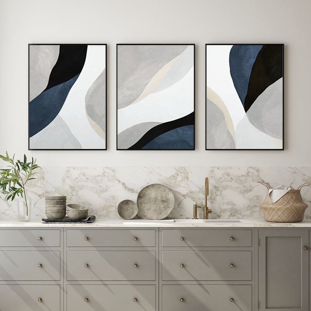 Wall Art 100cmx150cm Abstract Navy Blue 3 Sets Black Frame Canvas