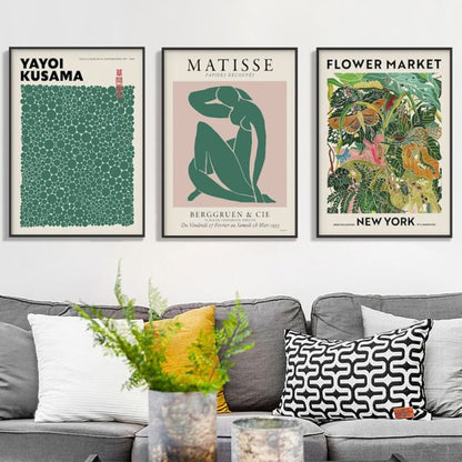 Wall Art 100cmx150cm Flower Market, Matisse Print, Yayoi Kusama 3 Sets Black Frame Canvas