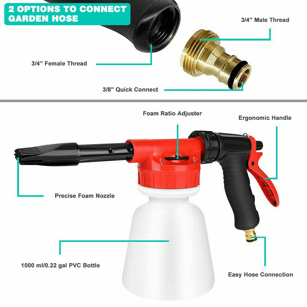 1L Snow Foam Lance Cannon Bottle Soap Gun Sprayer Hose For Car Pressure Washer