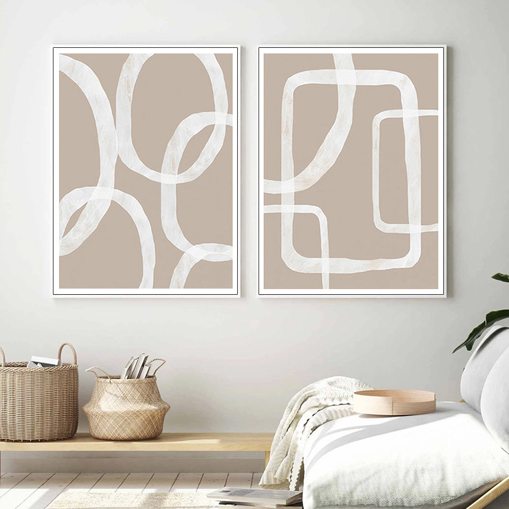 60cmx90cm Abstract White Lines 2 Sets White Frame Canvas Wall Art