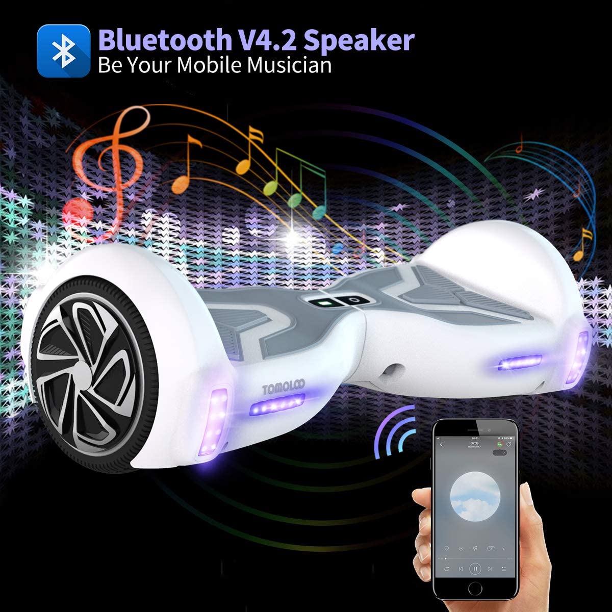 TOMOLOO 6.5" Hoverboard with Bluetooth Speaker and LED Lights Self Balancing Electric Scooter Hover board Skateboard UL2272 Black