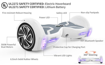 TOMOLOO 6.5" Hoverboard with Bluetooth Speaker and LED Lights Self Balancing Electric Scooter Hover board Skateboard UL2272 White